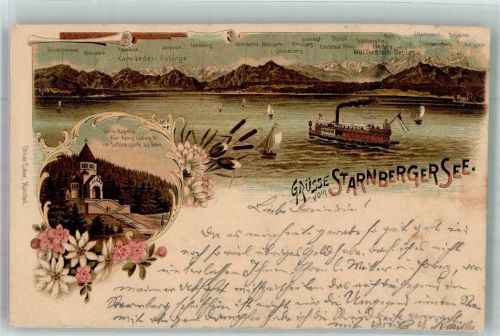 Berg 1897 Panorama des Starnberger Sees mit Karwendel- und Wettersteingebirge Votiv-Kapelle König Ludwig II Bodenseeschiff Verlag Zieher, Ottmar