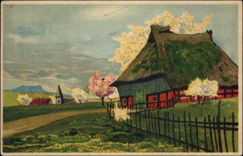 1910 Frohe Pfingsten, Landschaft mit Bauernhaus, Original 14. Künstler-Steinzeichnung