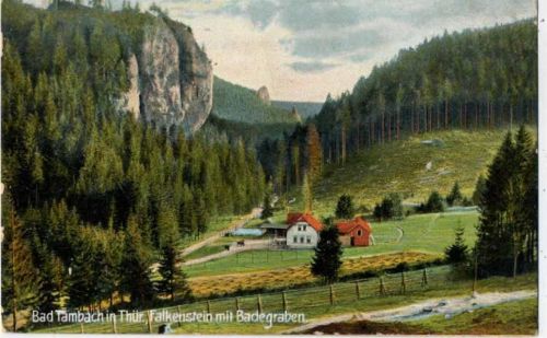 Tambach-Dietharz 1909 Bad Tambach, -Falkenstein mit Badegraben-, Felswand, Haus im Tal,Curt Leuther