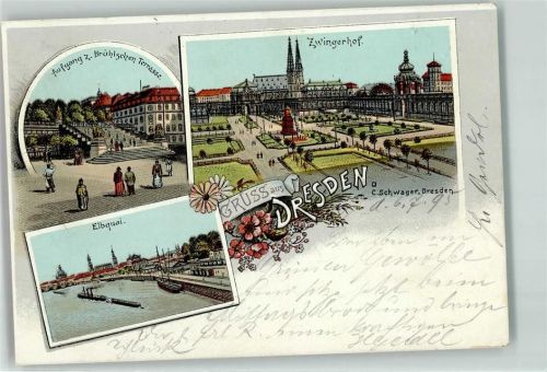 Dresden 1898 Lithographie Aufgang z. Brühlschen Terrasse Zwingerhof Elbquai