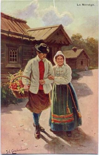 um 1910 Paar in Tracht, Künstler AK, -la Norvege-,W. de Haas,sign. Joh. Gerstenhauer