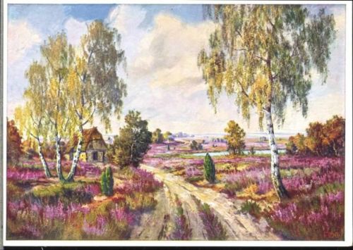 um 1950/60 Heidelandschaft, Birken, Wacholder, See,Fingerle & Co.,sign. E. Heinrichs AKU1