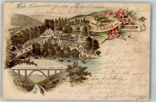 Müngsten 1898 Lithographie Kaiser Wilhelm-Eisenbahnbrücke Gasthaus Baumgärtner