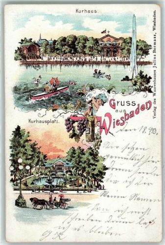 Wiesbaden Kurhaus Kurhausplatz Gruss Kutsche Springbrunnen Ruderboot Flasche Wein Reben Laterne Fahne