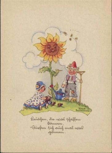 um 1945 Mädchen, Zwerg, Sonneblume, Spruch, Nr. 49/5,Paul Meyer,sign. Liesel Lauterborn