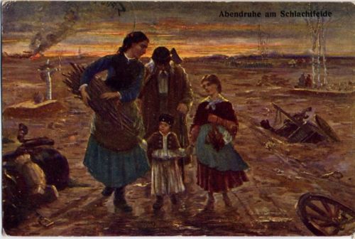 Künstler AK, Abensonne auf dem Schlachtfeld Kind 1916