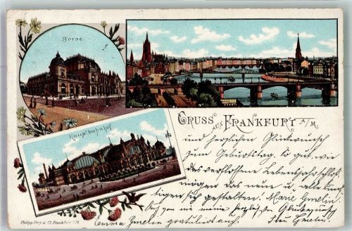 60308 W6000 Frankfurt am Main 1897 Lithographie Panorama der Stadt mit Kaiserdom St. Bartholomäus Mainbrücken Börse Hauptbahnhof