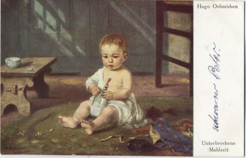 um 1916 Baby mit Flasche, unterbrochene Mahlzeit, Moderne Meister, Sign. Hugo Öhmichen,A.R. & C. i. B.,sign. Hugo Öhmichen