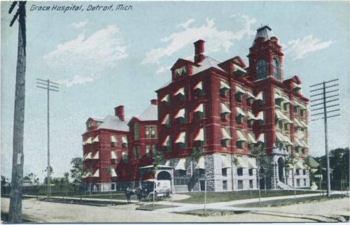 um 1910/20 Detroit, Michigan, USA, Grace Hospital, Krankenhaus, Krankenwagen() mit Pferd
