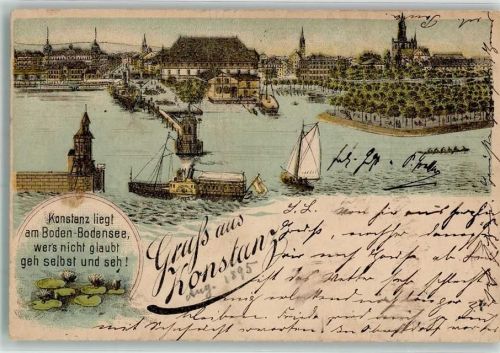 Konstanz 1895 Vorläufer Hafeneinfahrt Leuchtturm Seerosen Gedicht Lithographie
