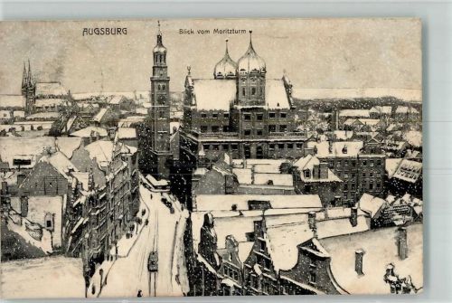Augsburg 1909 Winter Blick vom Moritzturm Straßenbahn