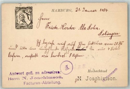 Hamburg 1904 Firmenlochung Herrn N. Joachimson Facturen Abteilung