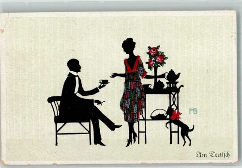 1920 Scherenschnitt Tändelei Elegantes Paar mit Hund am Teetisch Fasto-Silhouetten Künstlerkarte