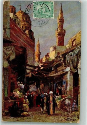 Kairo 1910 sign. Wuttke Esel Tracht Marktszene Marke bildseitig