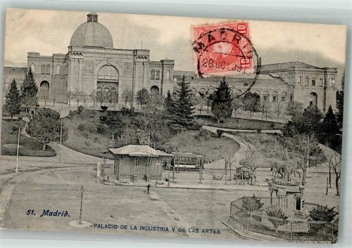 Madrid 1909 Denkmal Straßenbahn Palacio de la Industria Marke bildseitig