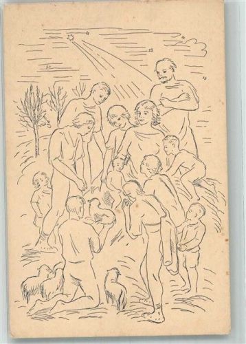 1936 sign. Janicek Menschengruppe mit Schafen umringt das Christkind
