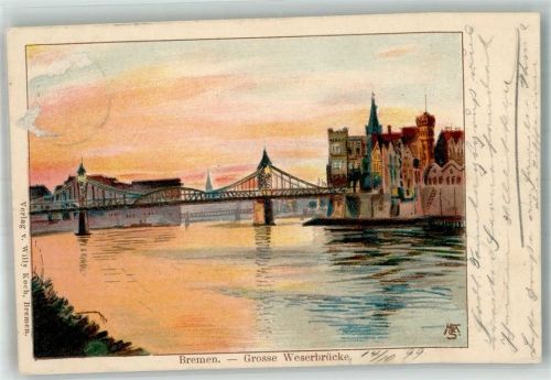 Bremen 1899 Lithographie Grosse Weserbrücke