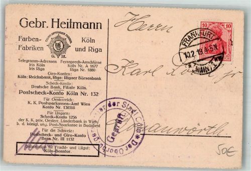 Köln Stadt 1919 Farben- Fabrik Geb. Heitmann Geschäftskorrespondenz