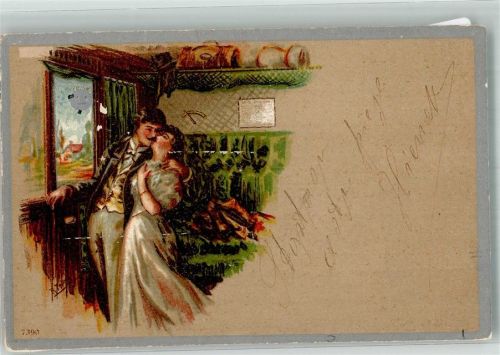1900 Junges Liebespaar bei einem innigen Kuss Lithographie/Künstlerkarte