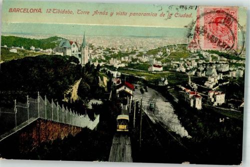 Barcelona 1909 Bergbahn Tibidabo Marke Bildseitig