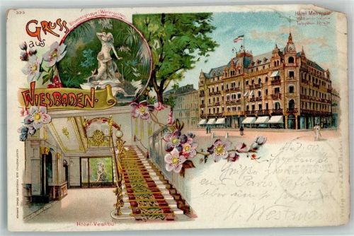 Wiesbaden 1900 Lithographie Hotel Metropol