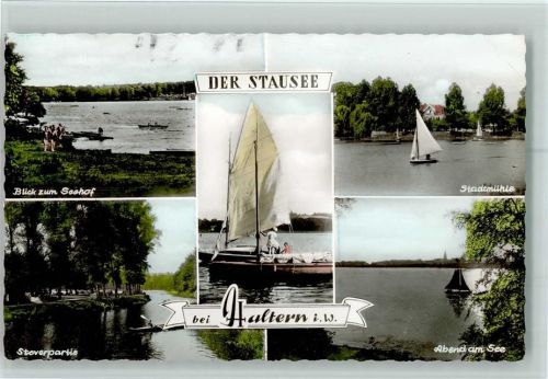 Haltern Stausee Blick zum Seehof Segelboot Steverpartie Stadtmühle Abend am See Mehrfachaufnahme
