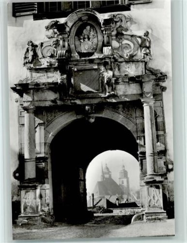 Schmalkalden Blick auf die Stadtkirche durch das Tor vom Schloß Wilhelmsburg
