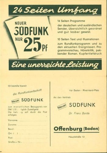 Offenburg Südfunk, Empfangsbescheinigung Rundfunkgebühren 1949, 2-fach Klappkarte, mit Kurzinfos