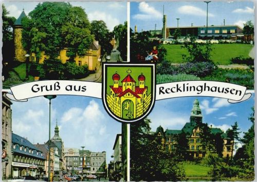 Recklinghausen Burg Wappen Auto Fußgänger Wiese Blumen