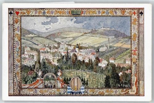 Wien Fest-Postkarte des 10. deutschen Sängerbundesfestes, Grinzing mit Kobenzl und Kahlenberg