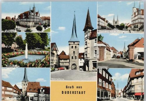 Duderstadt Rathaus, Wasseranlage, Rathaus mit St. Cyriakus Kirche, Westerturm, Stadttor, Spiegelbrücke mit Westerturm