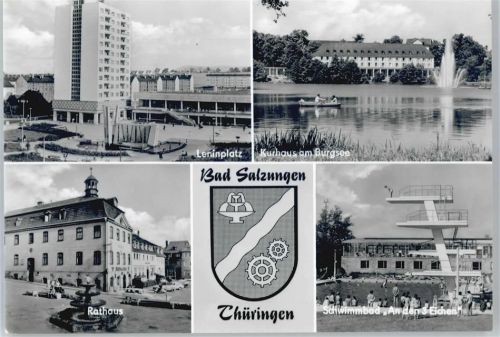 36433 O6200 Bad Salzungen - Leninplatz, Rathaus. Schwimmbad, Kurhaus am Burgsee AKU2