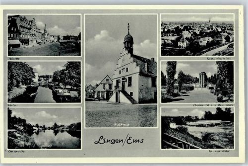 49808 W4450 Lingen (Ems) - Markt, Hafen, Rathaus, Gesamtansicht, Ehrenmal, Wasserfall