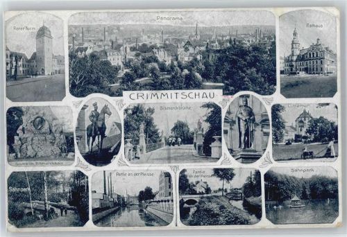 Crimmitschau Roter Turm, Rathaus, Bismarckbrücke, Lutherhof, Sahnpark, Grotte im Bismarckhain, Pleisse