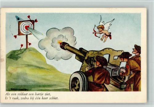 1953 sign Baumgarten - Soldatenhumor - amor und die Kanone schießen auf eine Schießscheibe mit einem Herzen