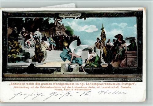 Stuttgart Kgl. Landesgerwerbemuseum Innenaufnahme Seitenbild rechts des grossen Wandgemäldes Württemberg mit der Reichsturmfahne legt den Lorbeerkranz nieder, mit Landwirtschaft, Gewerbe, Poesie, Kunst und Wissenschaft Mann liest ein Buch