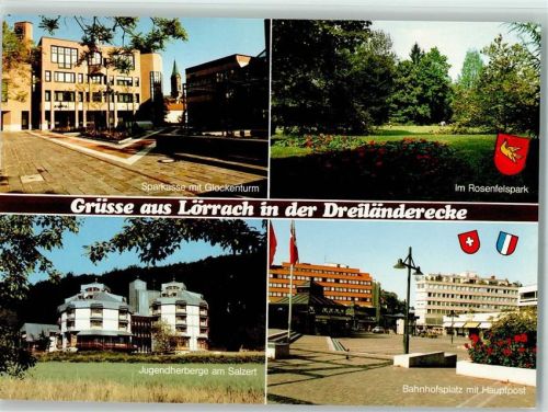 Lörrach Sparkasse mit Glockenturm im Rosenfelspark Jugendherberge am Salzert Bahnhofsplatz mit Hauptpost