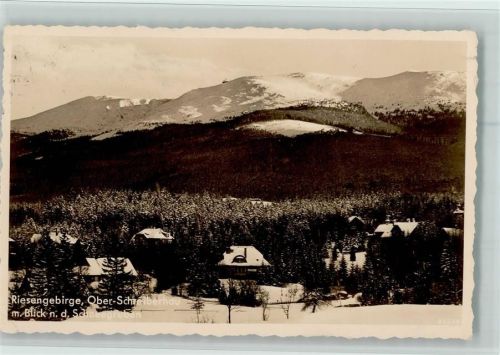 Schreiberhau Gesamtansicht mit Blick nach den Schneegruben Winter Bahnpoststempel