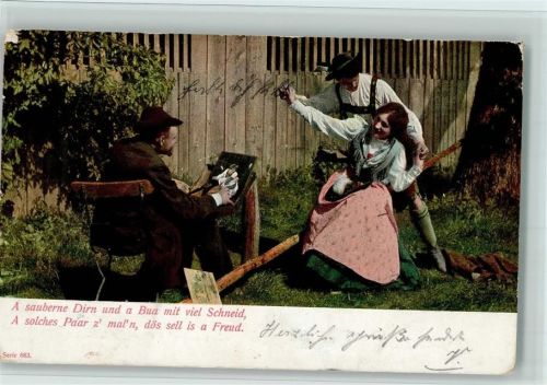 Maler porträtiert Trachtenpaar im Garten 1905 AK