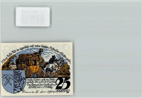 Lübtheen Notgeldschein 25 Pfennig Reutergeld Postkutsche Wappen Bergwerk