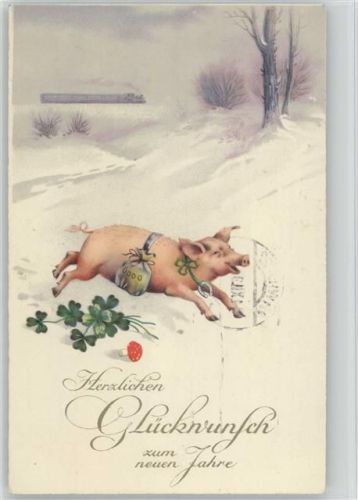 1937 Neujahr Schwein mit Geldsack und Hufeisen