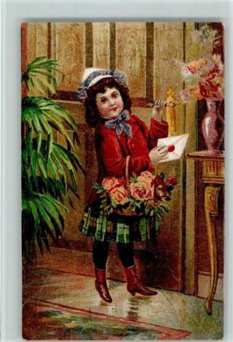 1909 Mädchen mit einem Brief und Rosenkorb AK