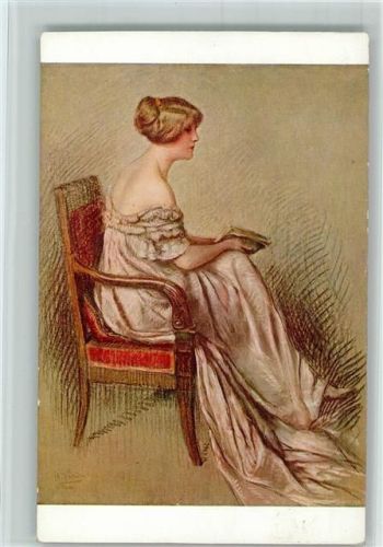 Nr. 1331 - Ch. Vasnier - Bildnis - Frau beim Buch lesen AK Jugendstil-Mode und Interieur