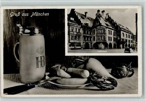 München 1938 Bierkrug, Brezel und Weißwurst, Hofbräuhaus