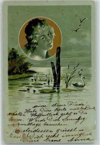 1902 Litho - passepartout Frauenkopf, Teich mit Seerosen und Schwäne AK