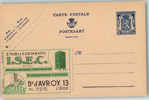 Liege Lüttich / Luik Sanitär ISEC - Publibel 553 Belgische Ganzsache Wertstufe 50c blau Werbung