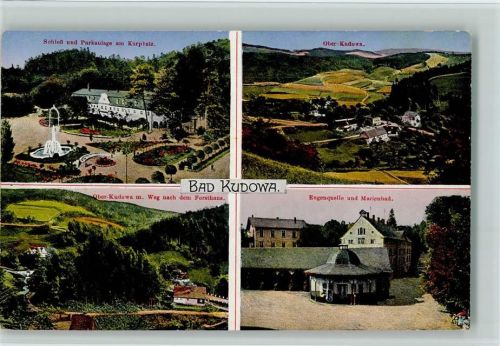 Bad Kudowa Schloß und Parkanlage am Kurplatz Ober-Kudowa Weg nach dem Forsthaus Eugenquelle und Marienbad 4-Bildaufnahme