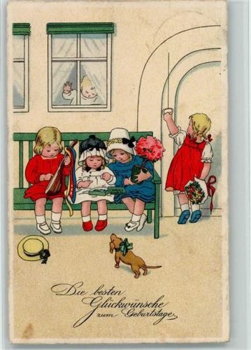 1930 Kinder Gratulanten klingeln an der Tür, Pralinen, Laute, AK AK