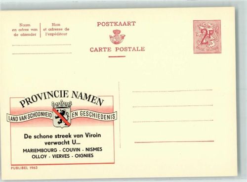 Tourismus, Provincie Namen, Publibel 1963 Belgische Ganzsache Wertstufe 2,00