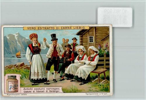 Cosumi de fidanzati Hardanger, Volkstanz, Ziehharmonika - Sammelbild Liebig Trachten Norwegen